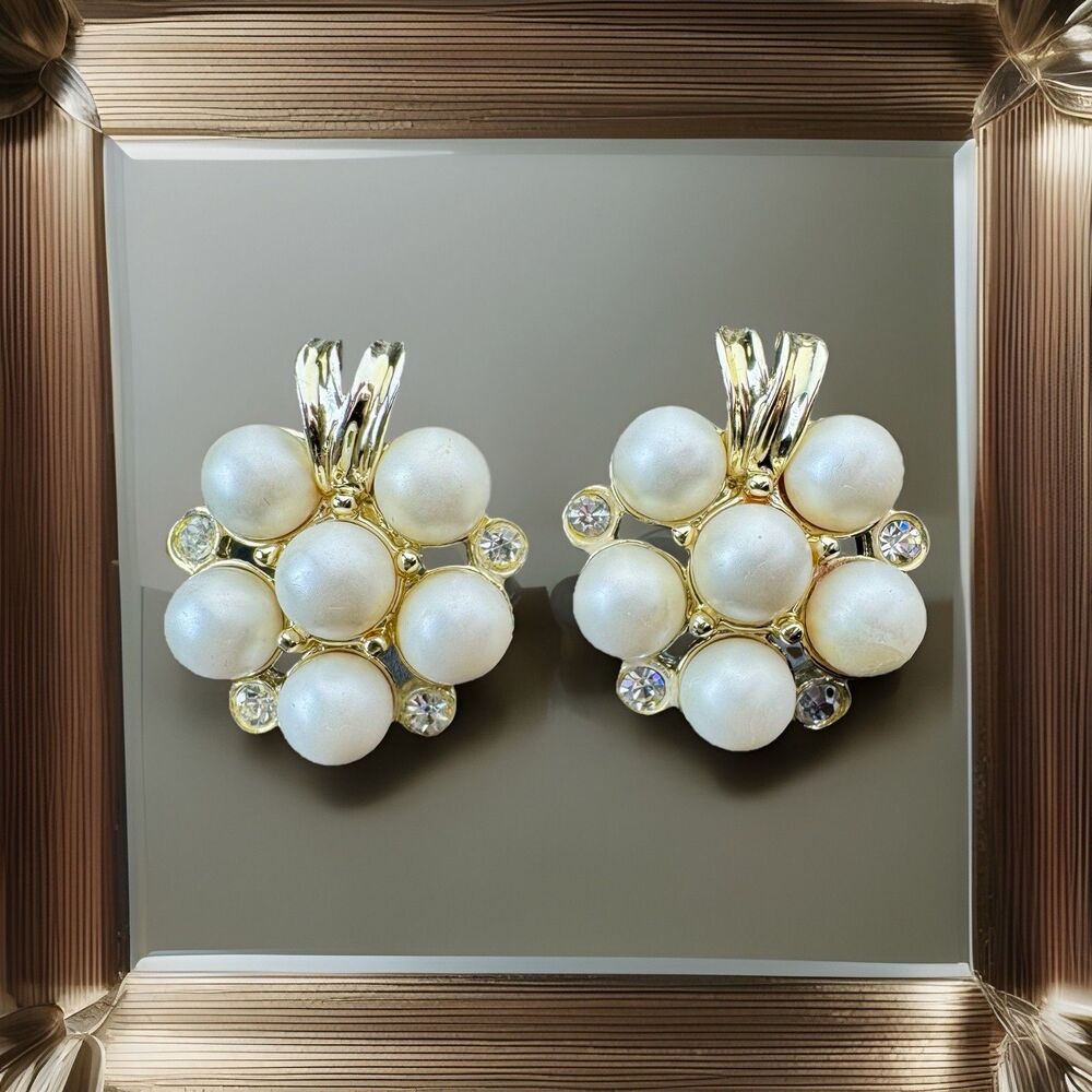 Vintage Faux Pearl Cluster Clip On Earrings Gold Tone Rhinestone Accents